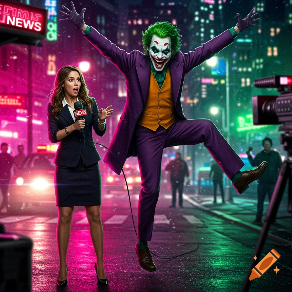 The Joker jumps gleefully behind a female news reporter holding a microphone on a neon-lit city street at night, in a photorealistic style.