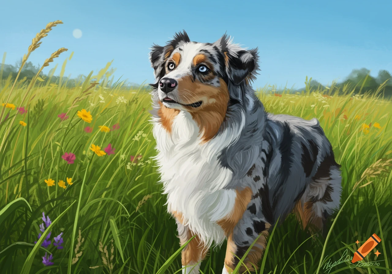 A beautiful Australian Shepherd dog with merle fur and blue eyes stands in a vibrant green field with colorful wildflowers under a clear blue sky, in a painterly style.