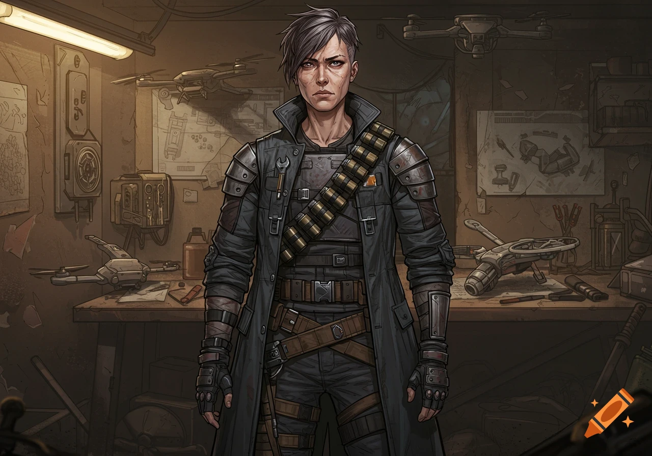 A woman with short gray hair and a long dark coat with armor and a bandolier stands in a dimly lit workshop with drones and blueprints. Comic book art style.