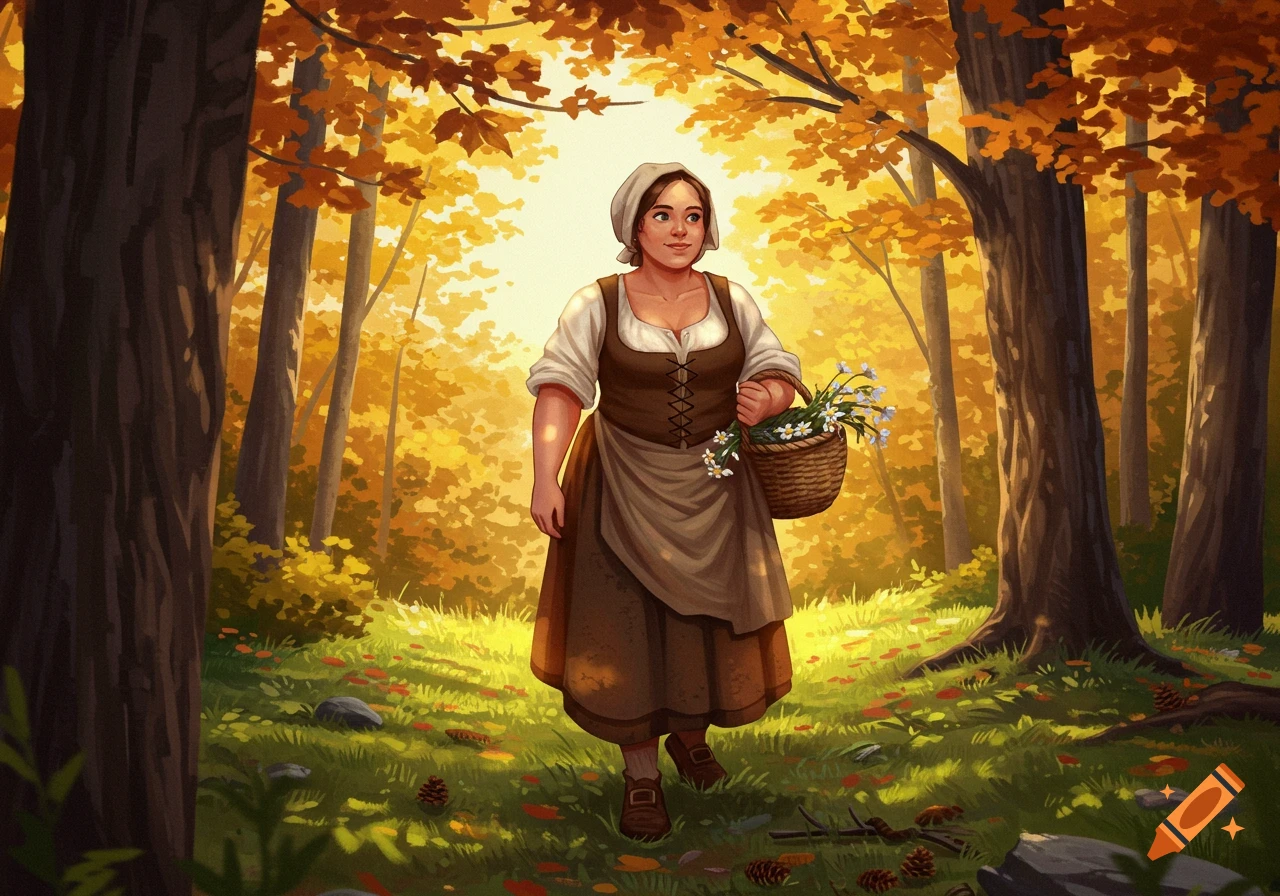 A digital illustration of a peasant woman in a bonnet and brown dress, walking through an autumn forest carrying a basket of white flowers.