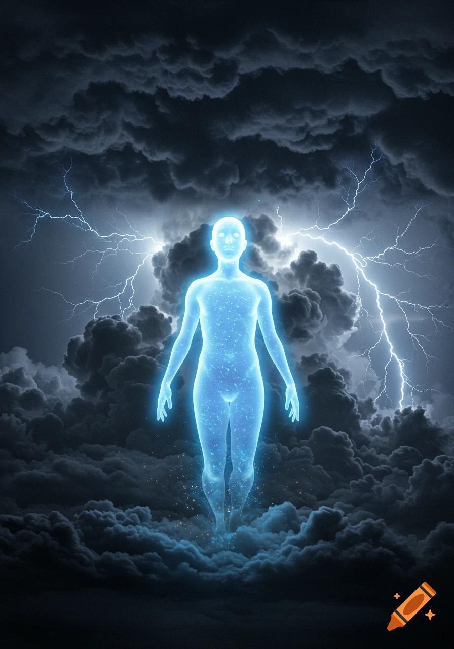 A glowing, translucent blue human-like figure floats amidst dark storm clouds with bright lightning strikes.
