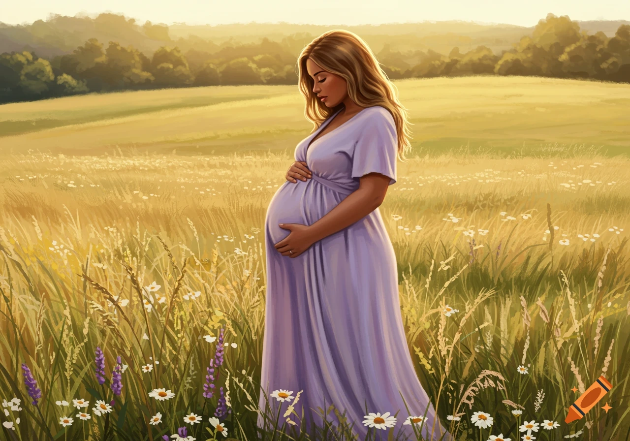 A pregnant woman in a lavender dress stands in a golden field at sunset, cradling her belly. Realistic illustration.