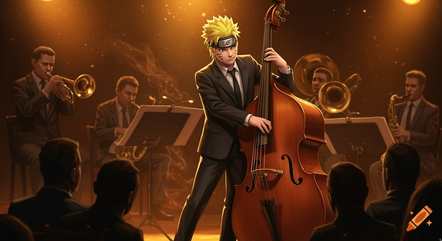 Naruto plays a double bass on a dimly lit jazz stage, viewed from behind the audience. Other musicians play brass instruments in the background.