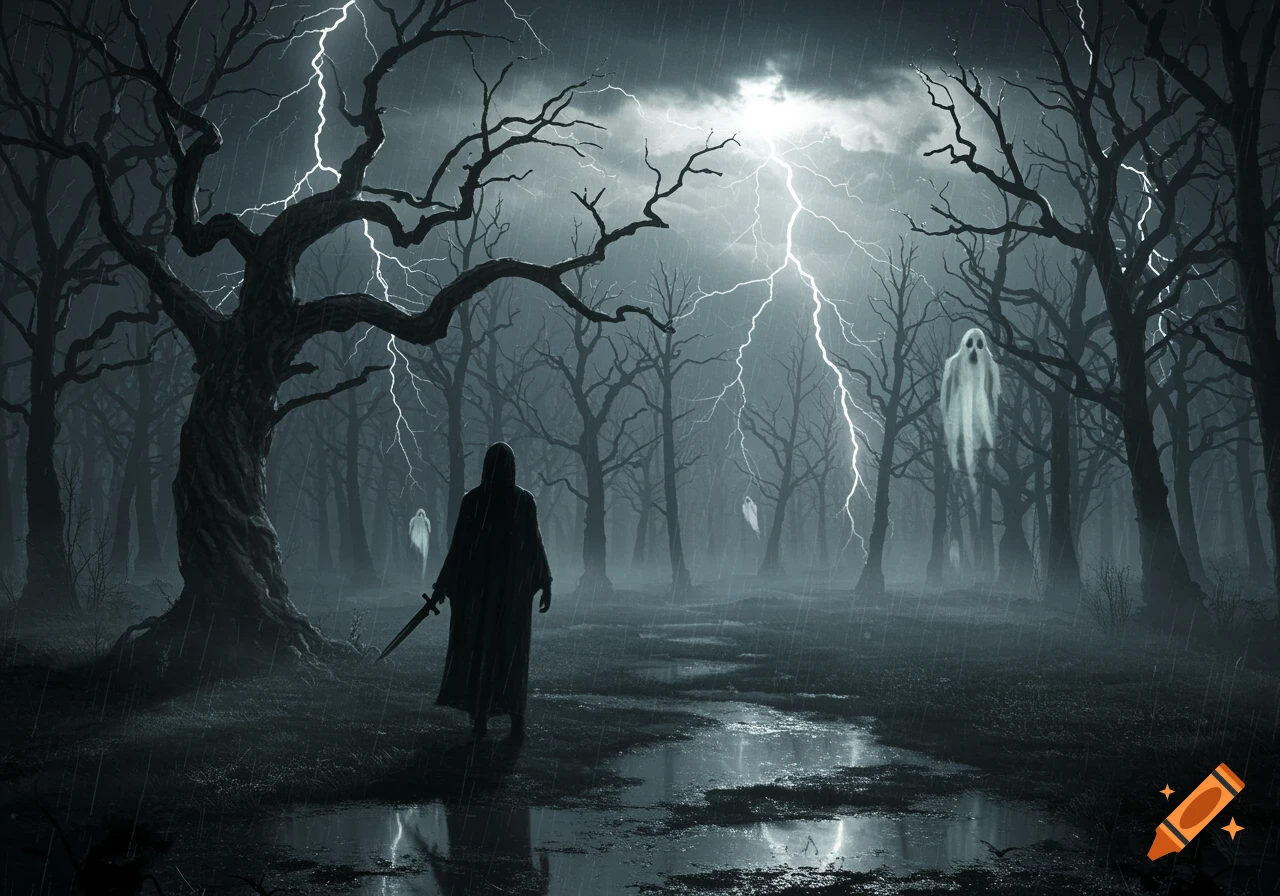 A hooded figure with a sword walks through a dark, rainy, misty forest with bare trees as lightning flashes and ghostly figures float around.