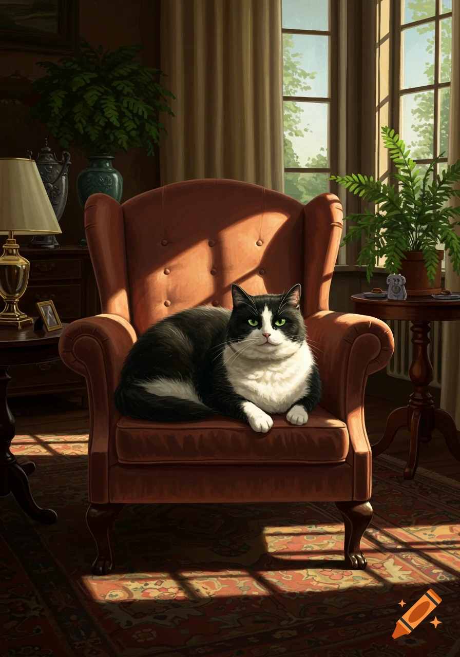 A black and white tuxedo cat rests comfortably in a large, reddish-brown armchair bathed in sunlight from a nearby window.