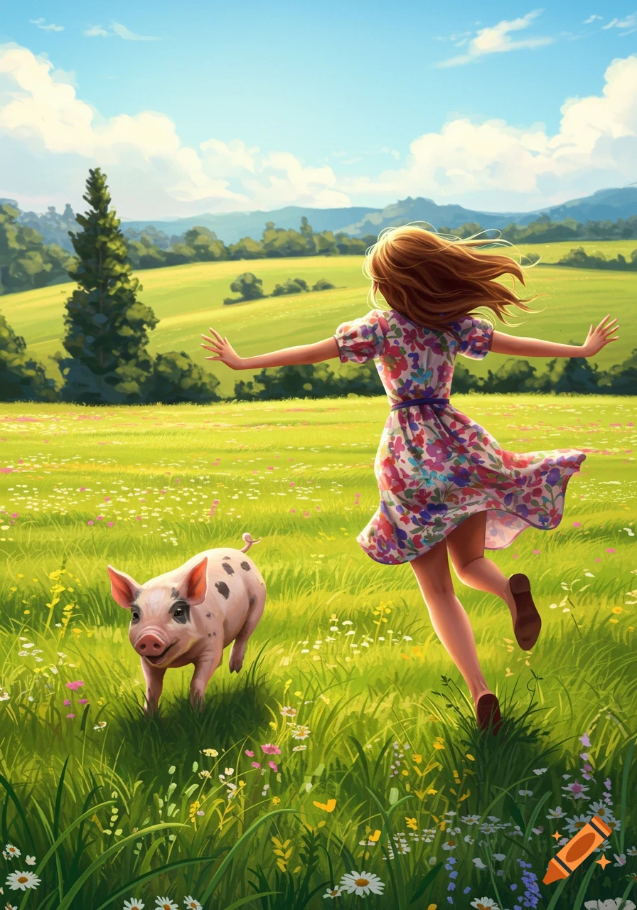 A woman in a floral dress runs through a sunny green field filled with wildflowers, seemingly chasing a small pig.