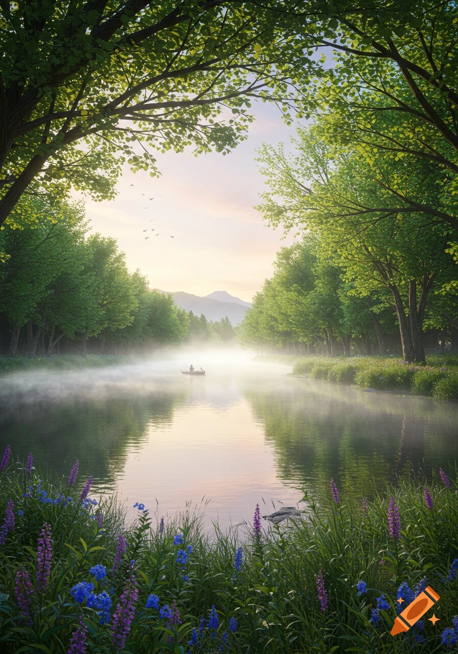 A serene river flows through a vibrant green forest at sunrise, with mist on the water and a lone boat in the distance. Colorful wildflowers bloom in the foreground.