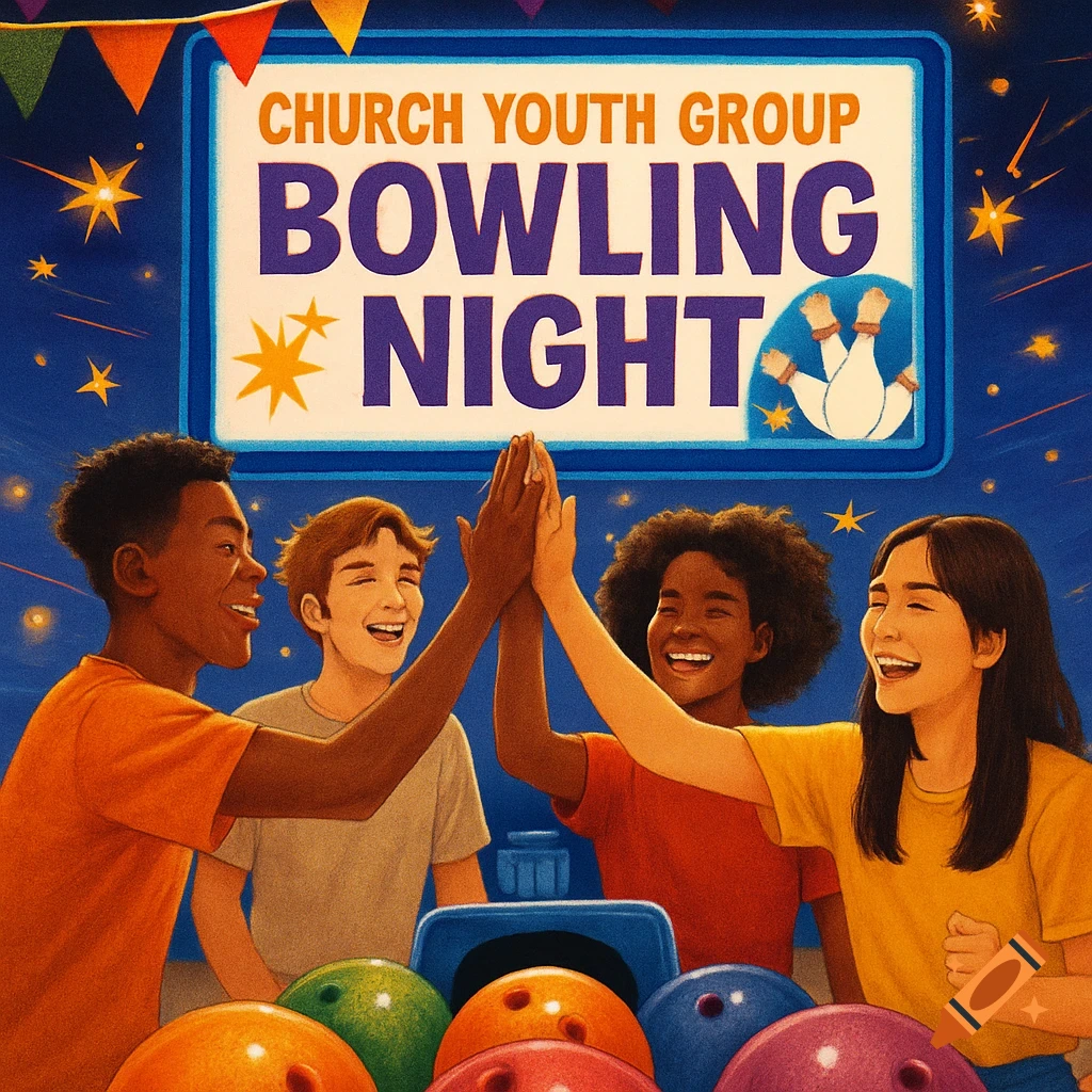 Illustrated scene of diverse smiling youth high-fiving at a bowling alley with a 'Church Youth Group Bowling Night' sign.