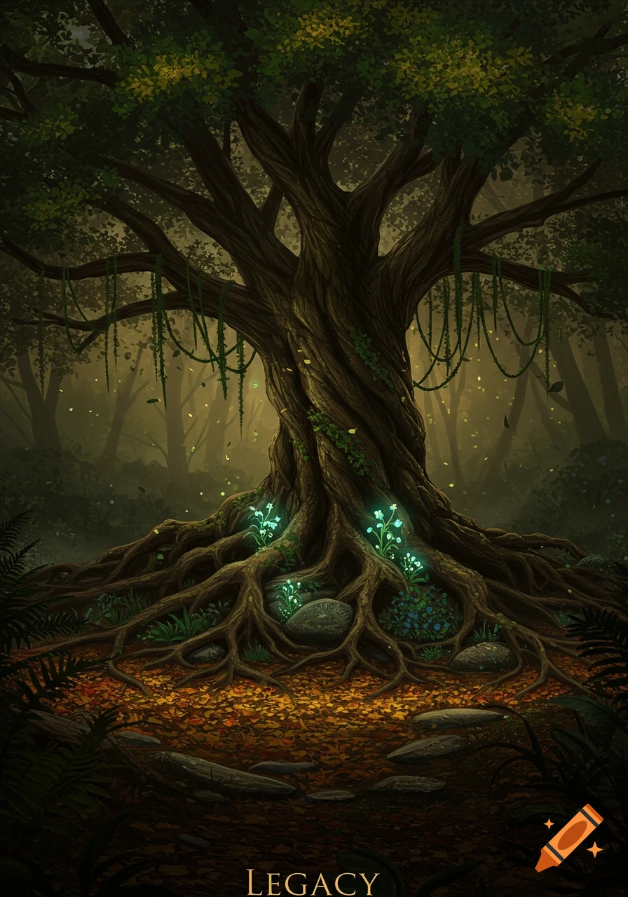 A mystical, ancient tree with sprawling roots and glowing plants in a dark, magical forest, with the word 'LEGACY' at the bottom.