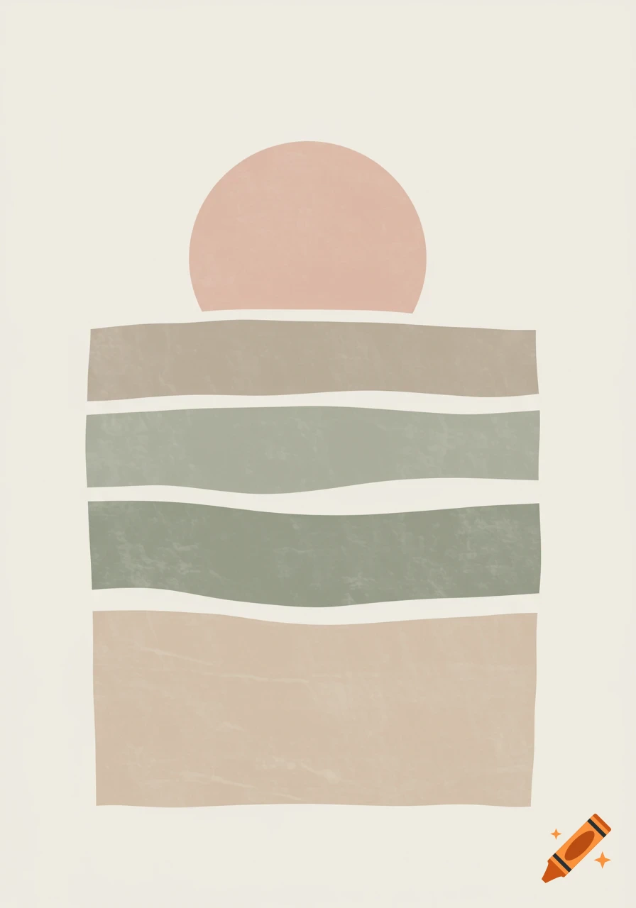 Minimalist boho art with a pink sun rising over wavy horizontal stripes in beige and green tones.