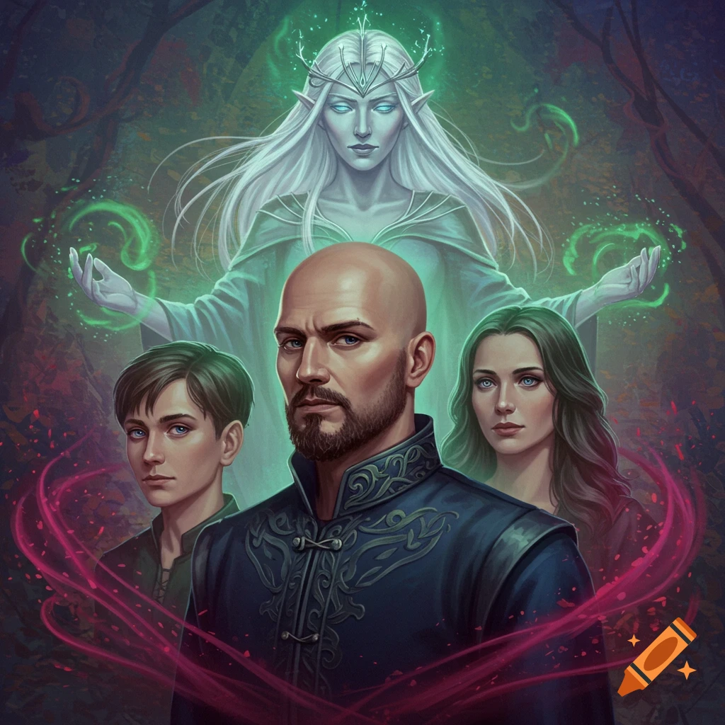A fantasy portrait of a bald man with a beard, a boy, a woman, and a transparent elf queen with glowing magic, in a dark forest.