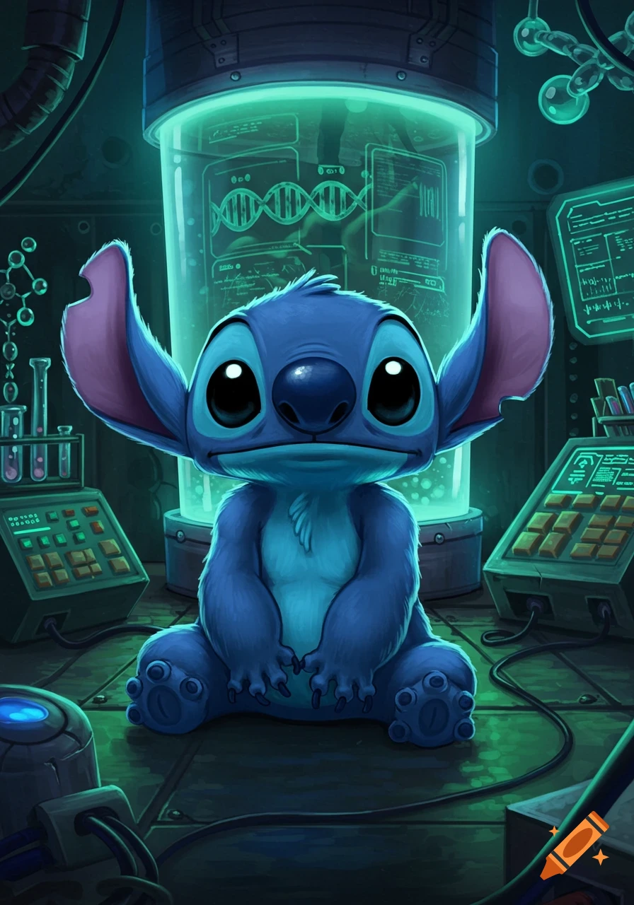 A cute blue alien character, Stitch, sits on the floor of a neon green lit science lab, surrounded by tubes and screens displaying DNA strands.