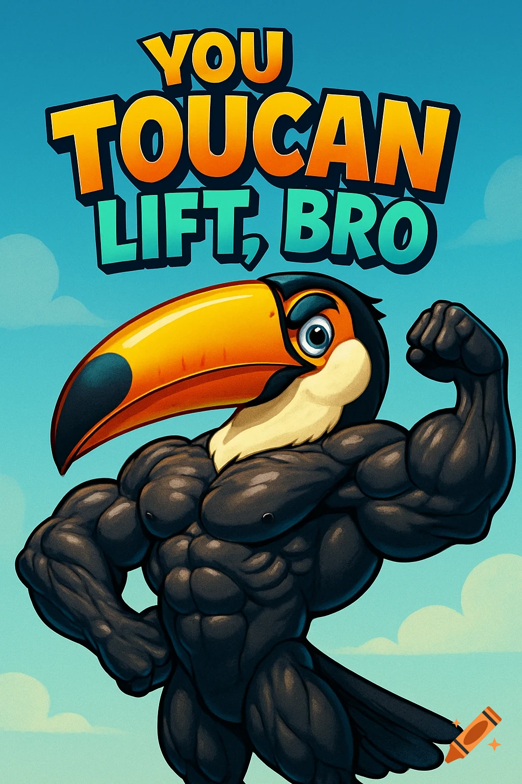 A muscular, cartoon toucan flexing its biceps with the text "YOU TOUCAN LIFT, BRO".