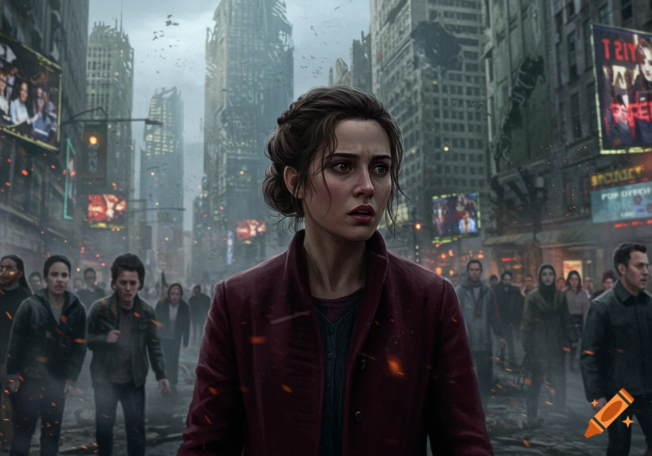 A distressed woman in a red coat stands in the foreground of a ruined, dystopian city street, surrounded by a crowd of people. Debris and sparks fill the air amidst damaged skyscrapers and glowing billboards.