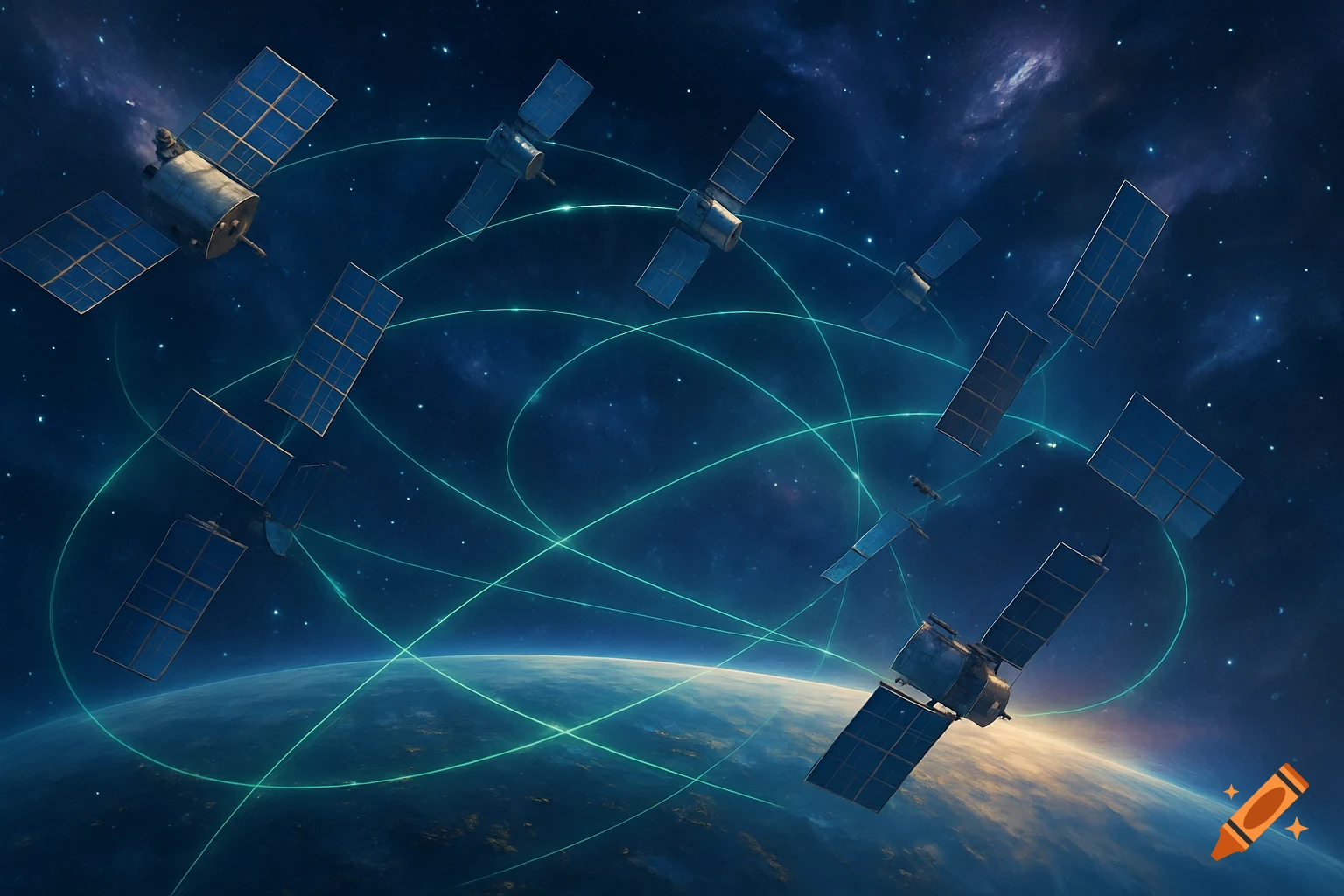 Several satellites orbit Earth, connected by glowing green lines, against a backdrop of stars and a nebula.