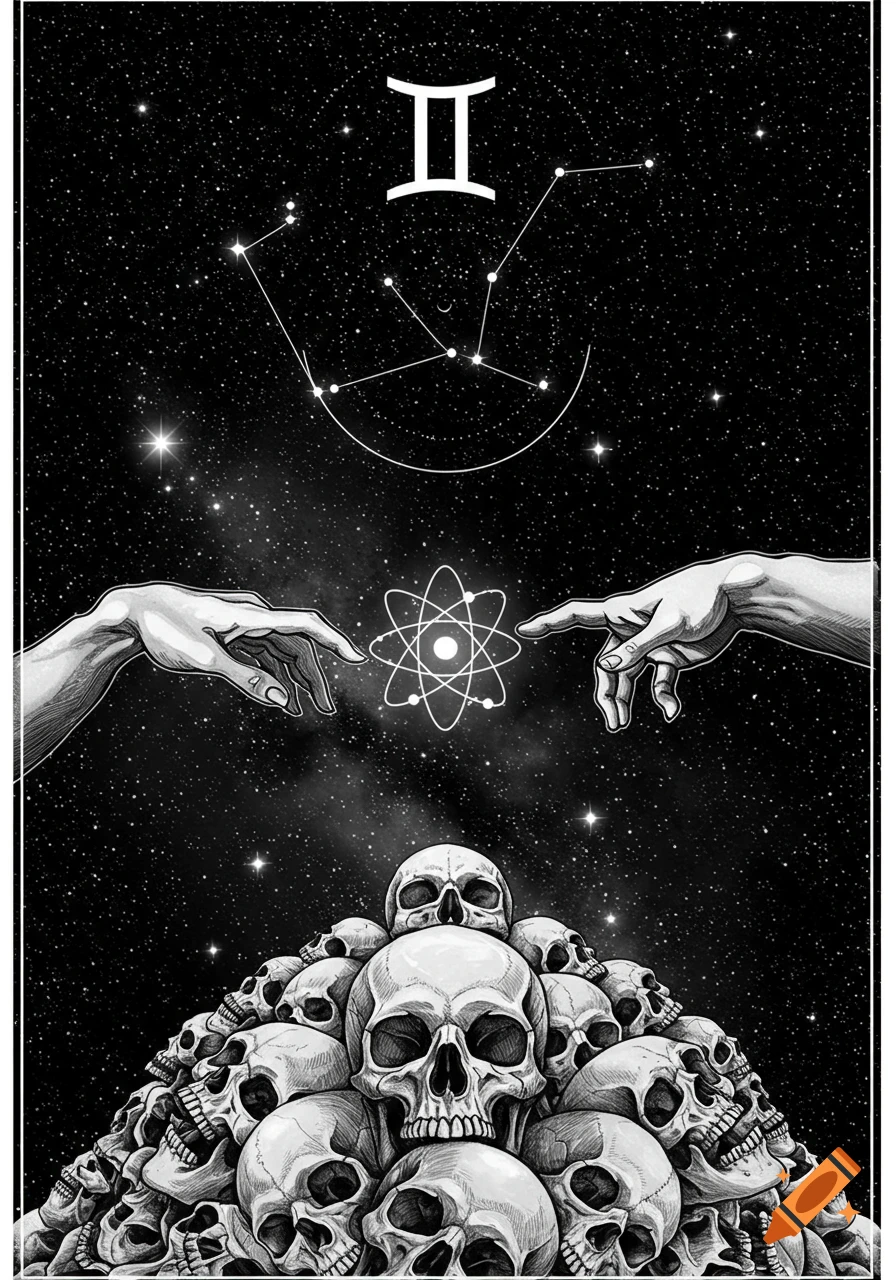 Black and white illustration of two hands reaching for an atom symbol, above a pile of skulls, under a Gemini constellation in space.