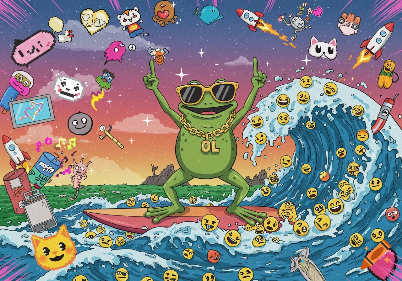 A vibrant cartoon frog with sunglasses and a gold chain surfs on an emoji wave, surrounded by rockets and pixel art in a starry sky.