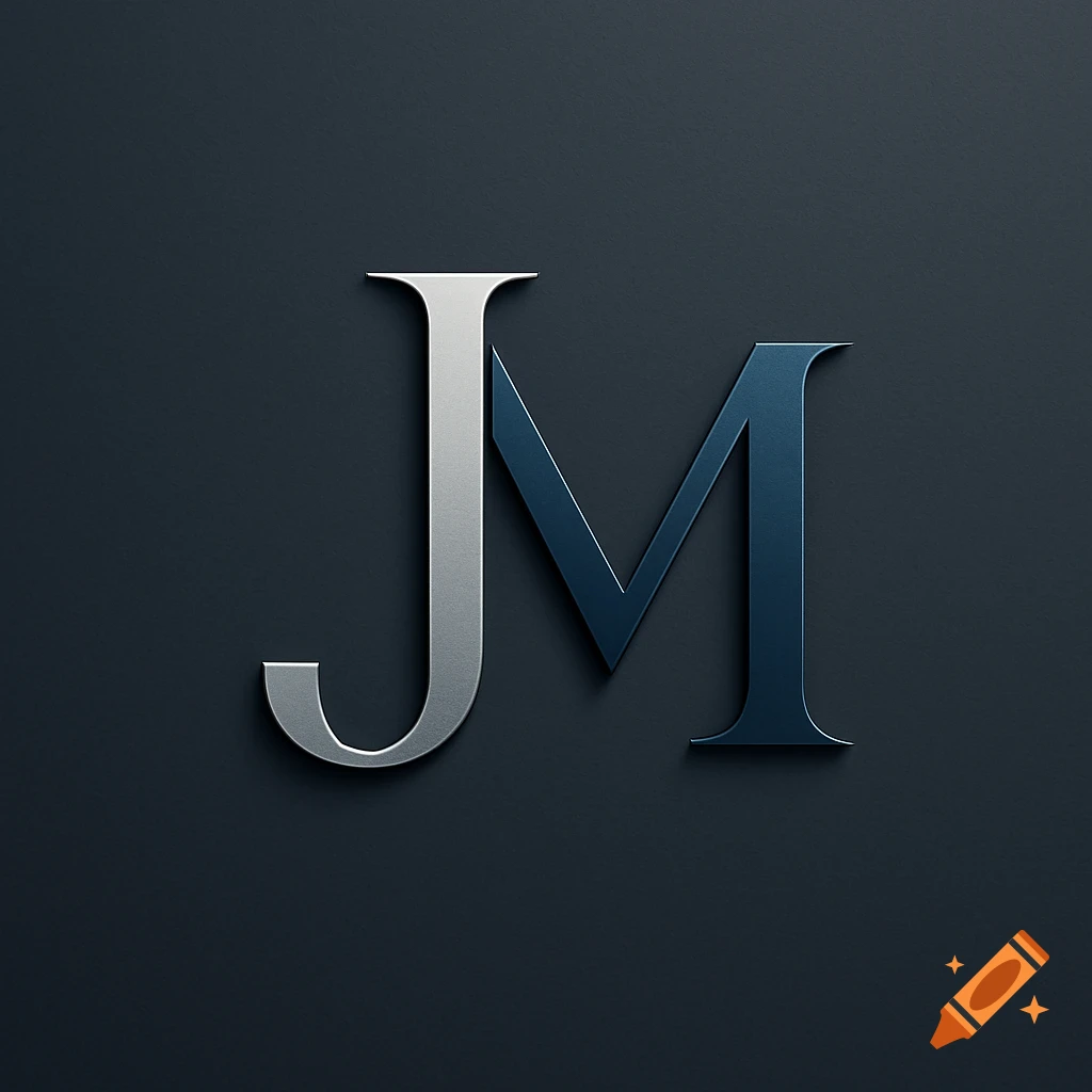 A sleek, metallic silver letter J and a dark blue letter M form a logo against a dark gray background.