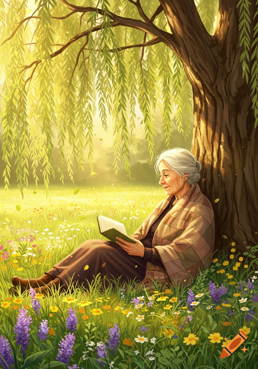 An old woman with grey hair sitting under a weeping willow tree in a field of wildflowers, reading a book.