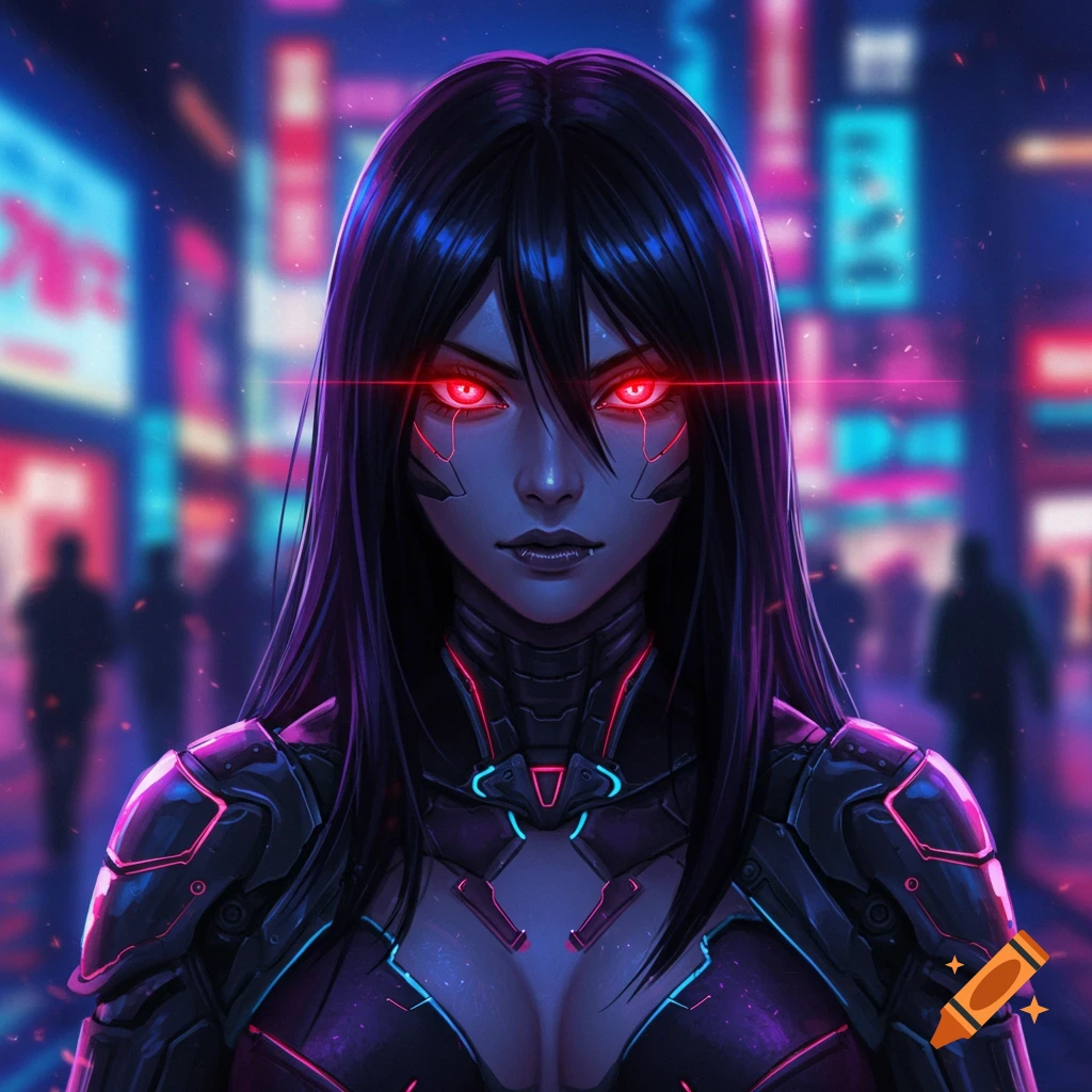 Anime-style woman with black hair and glowing red eyes in a futuristic suit, standing in a neon-lit cyberpunk city.