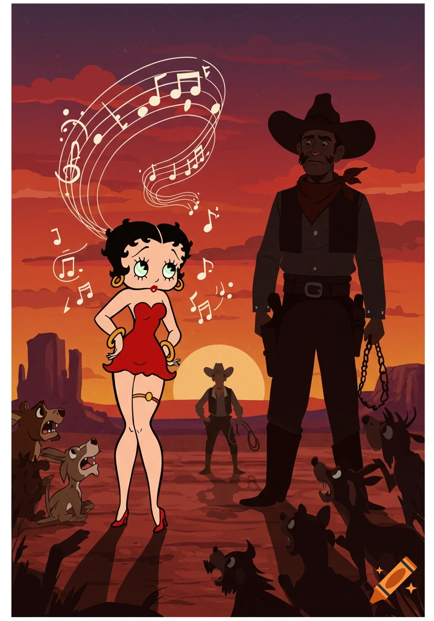 Betty Boop in a red dress with musical notes, standing in a desert with cowboys and dogs at sunset, in a cartoon style.