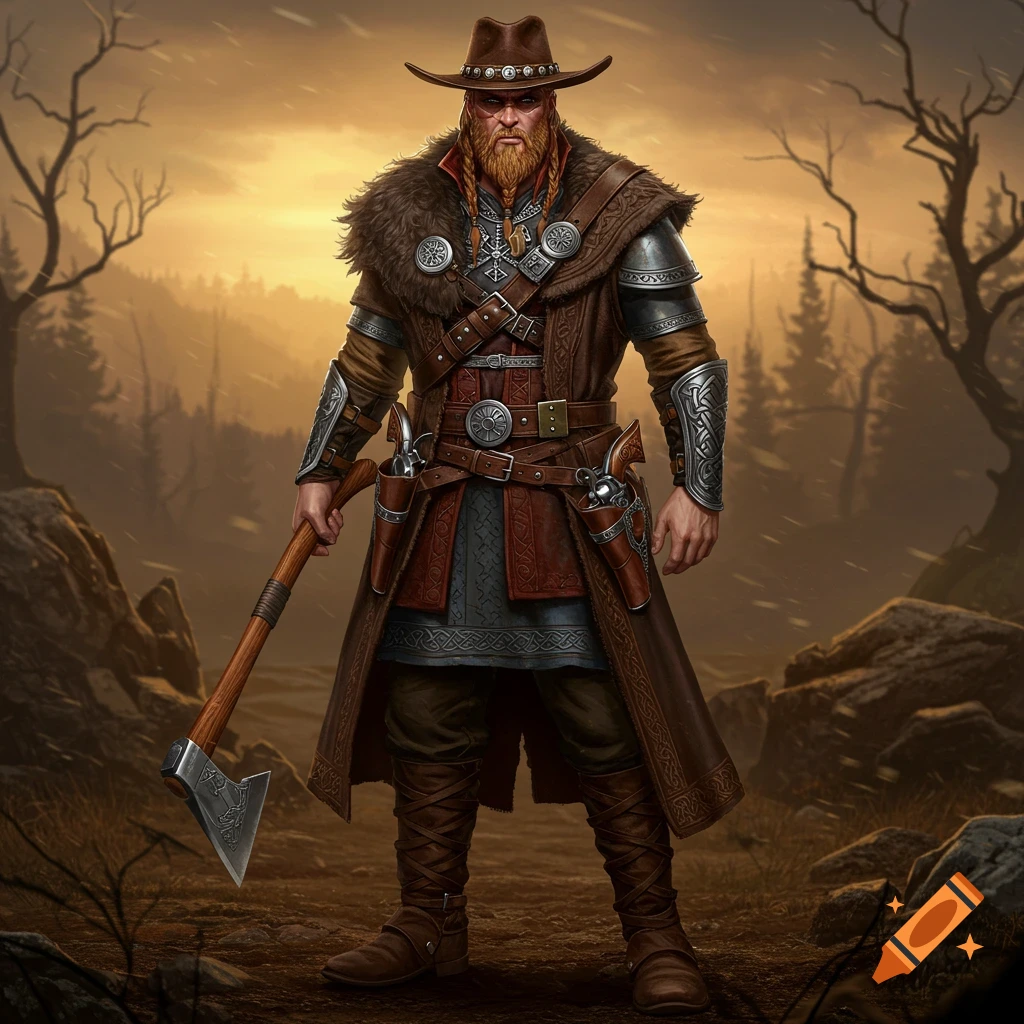A bearded fantasy character wearing a cowboy hat and Viking-inspired fur and leather armor, holding an axe in a desolate landscape.