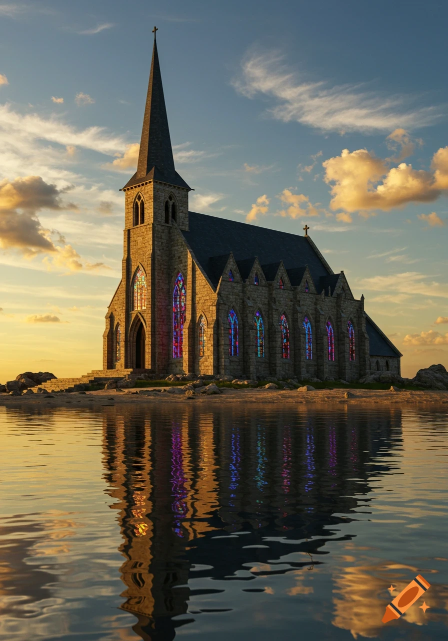 Photorealistic image of a stone church with a tall steeple and colorful stained glass windows, reflected in calm water at sunset.