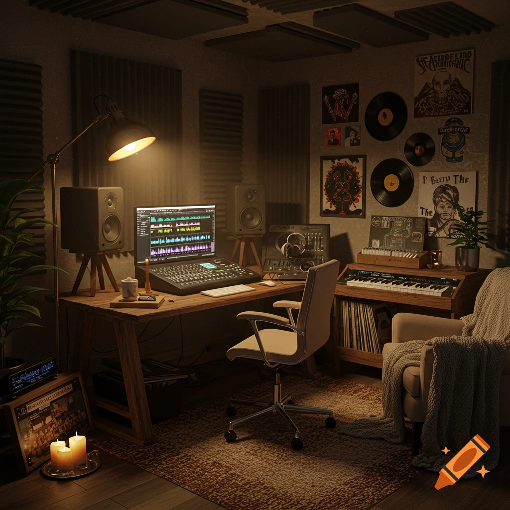 A photorealistic image of a cozy music production studio with a desk, computer, keyboard, speakers, and posters.