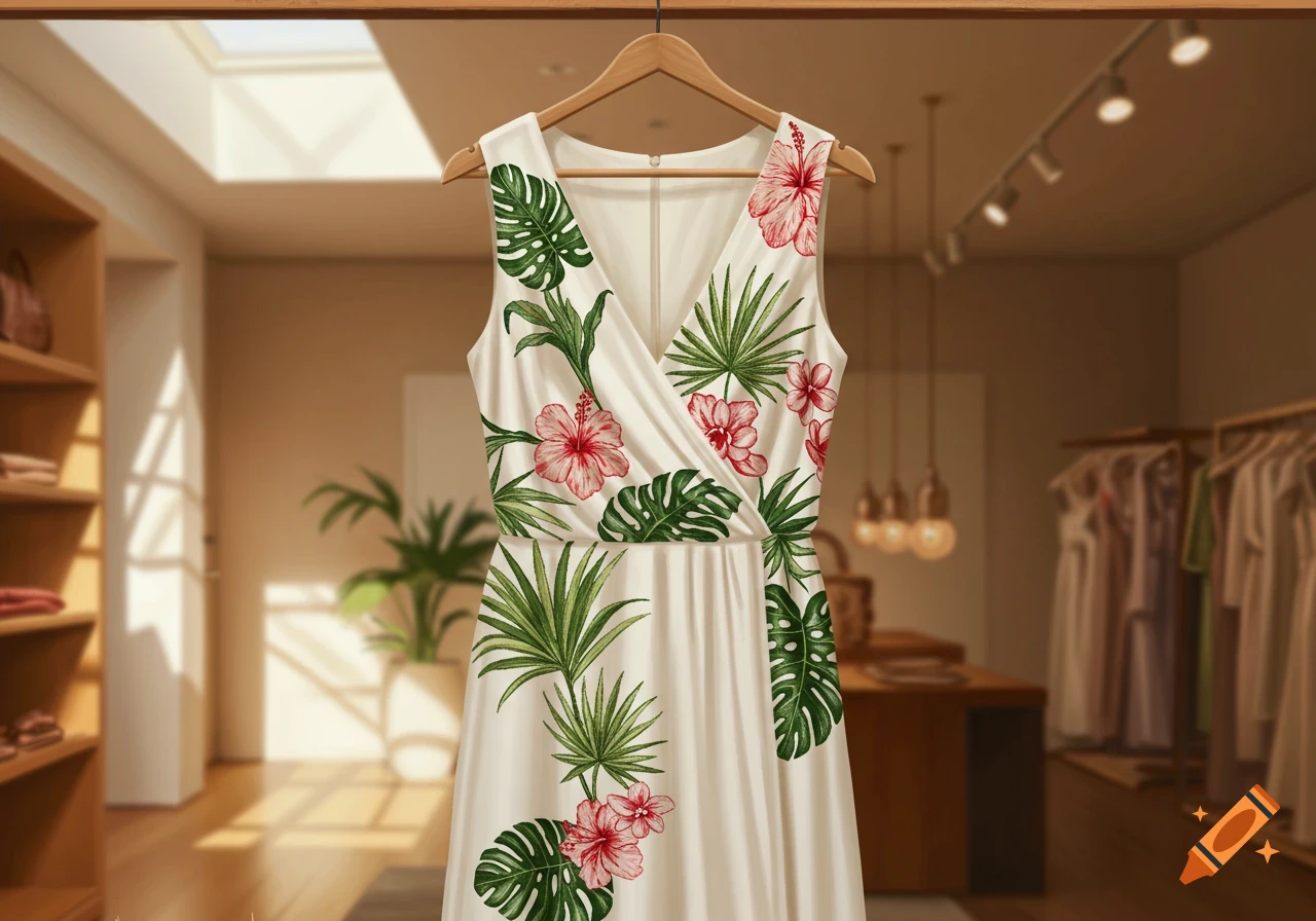 A cream-colored sleeveless dress with green tropical leaves and pink hibiscus flowers hangs on a wooden hanger in a clothing store.
