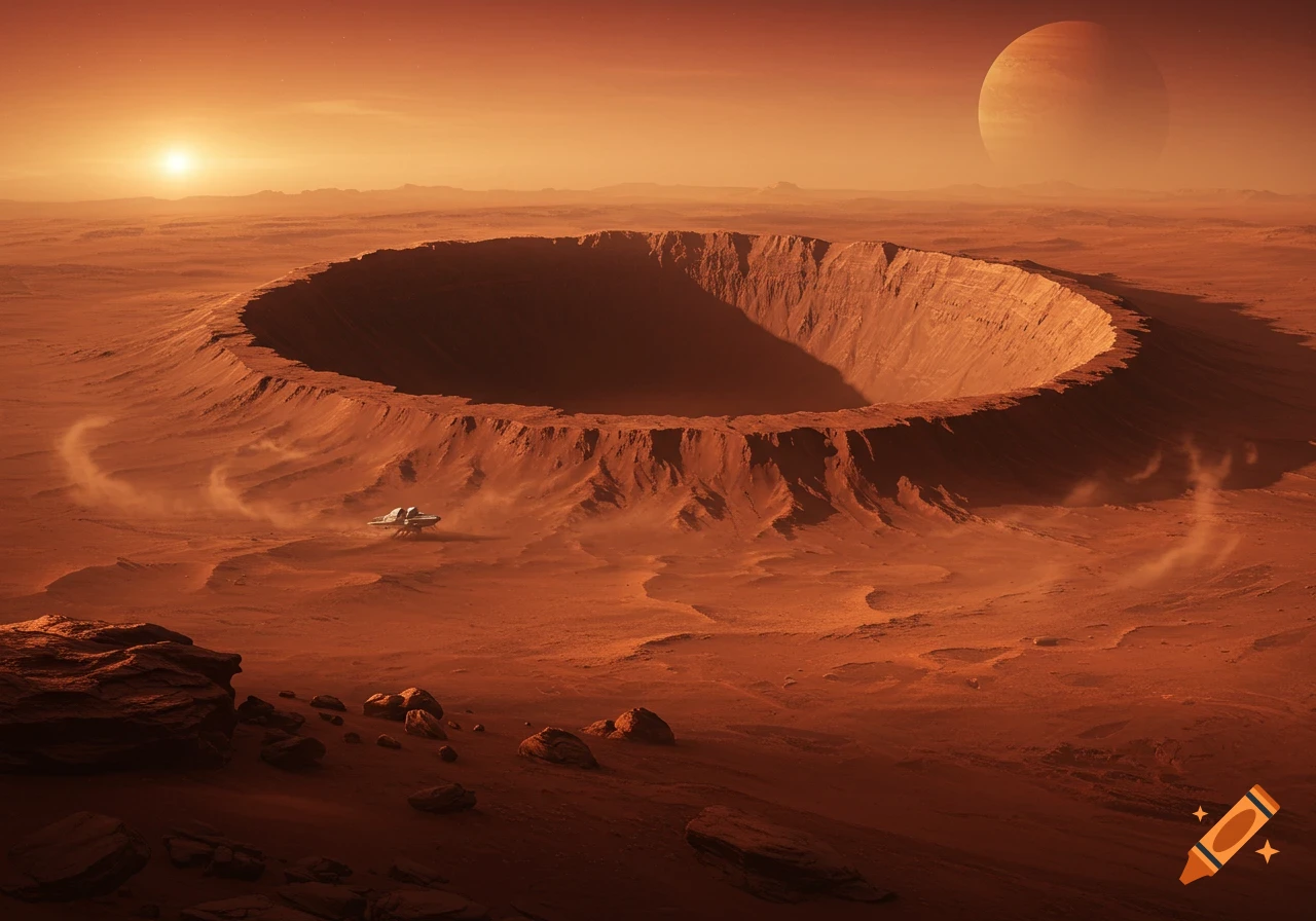 A futuristic spaceship on the red, dusty surface of Mars near a large crater, with a setting sun and a giant planet in the sky.