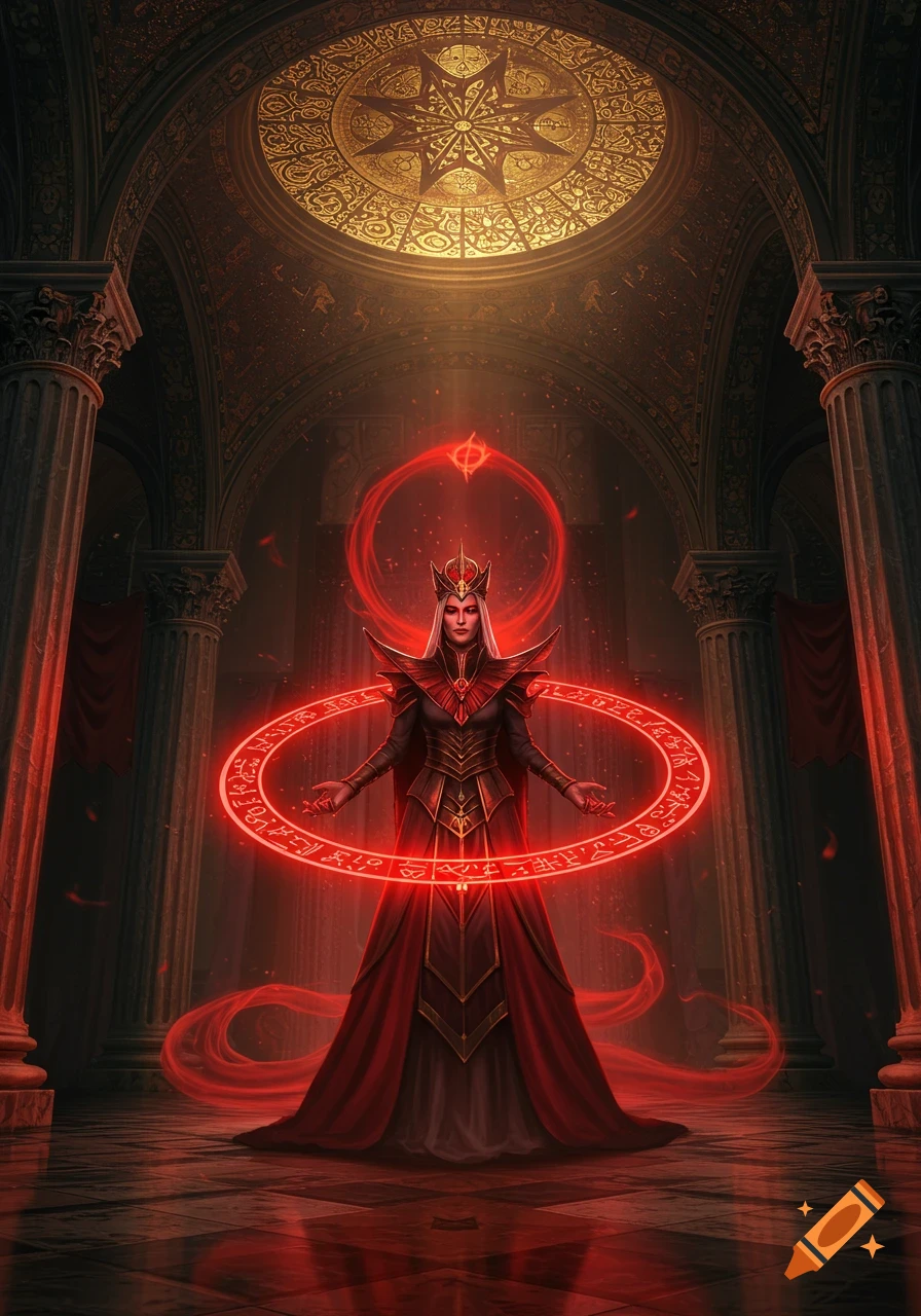 A powerful sorceress in a red and black gown casts a spell with glowing red runes in a grand, columned hall under a decorated dome.