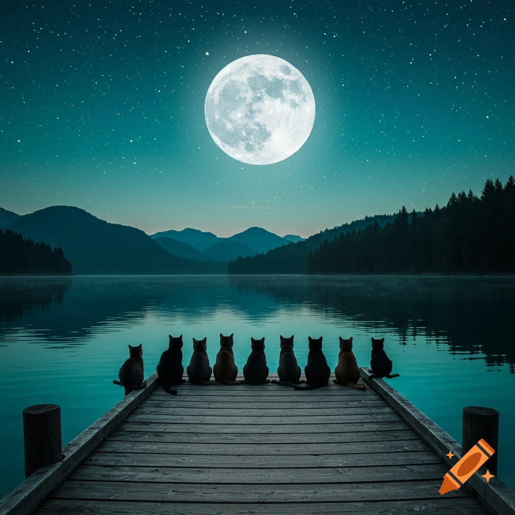 Nine cats sit on a wooden dock, facing away, overlooking a calm lake with reflections of mountains under a large full moon and starry night sky.