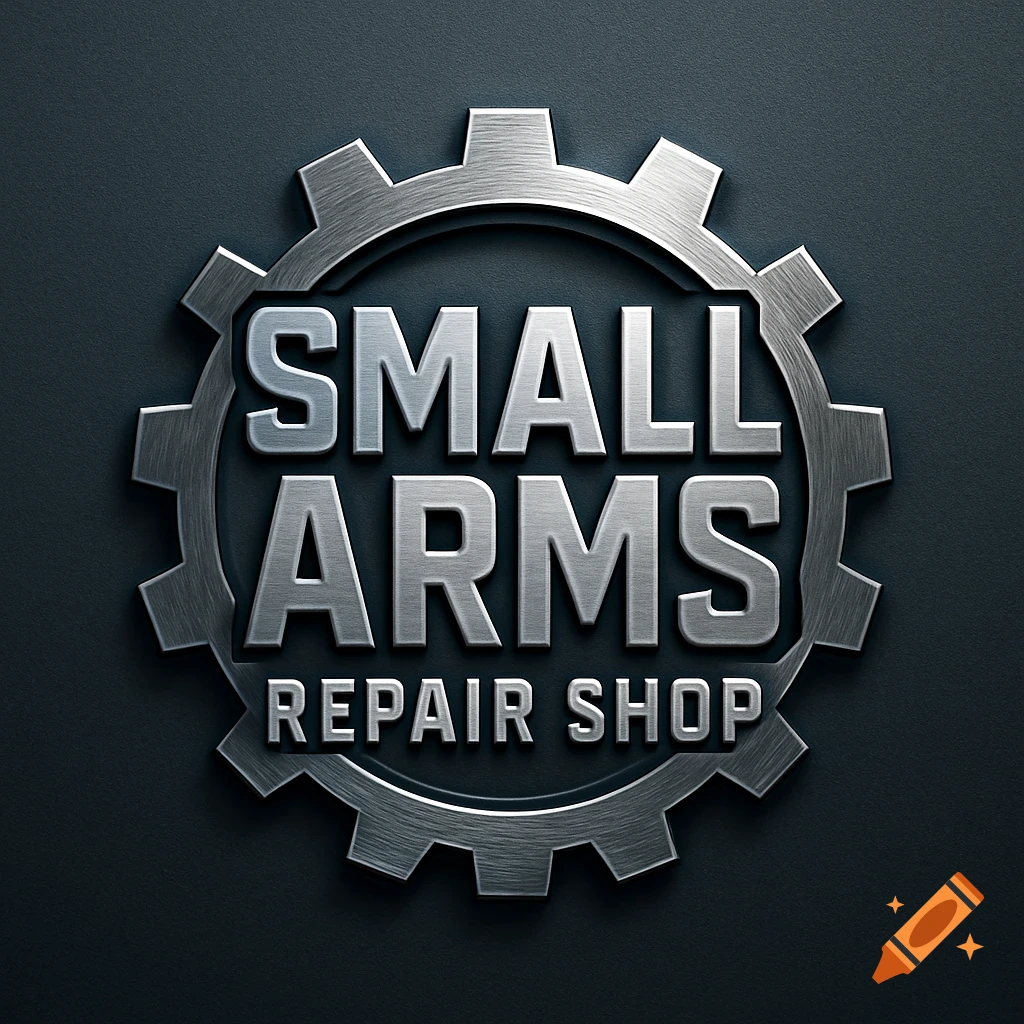 A metallic gear logo with the words "SMALL ARMS REPAIR SHOP" embossed in brushed metal texture.