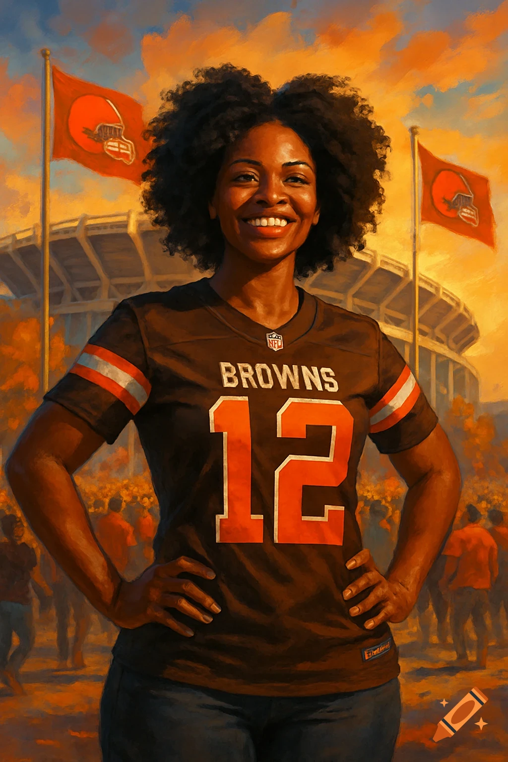 A smiling Black woman with an afro wears a brown Cleveland Browns football jersey with "BROWNS" and "12" on it, in front of a stadium with flags, in a painted style.