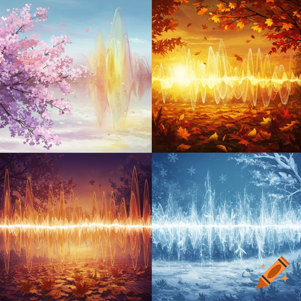 Four panels depicting sound waves integrated into scenes of spring, autumn, and winter landscapes.