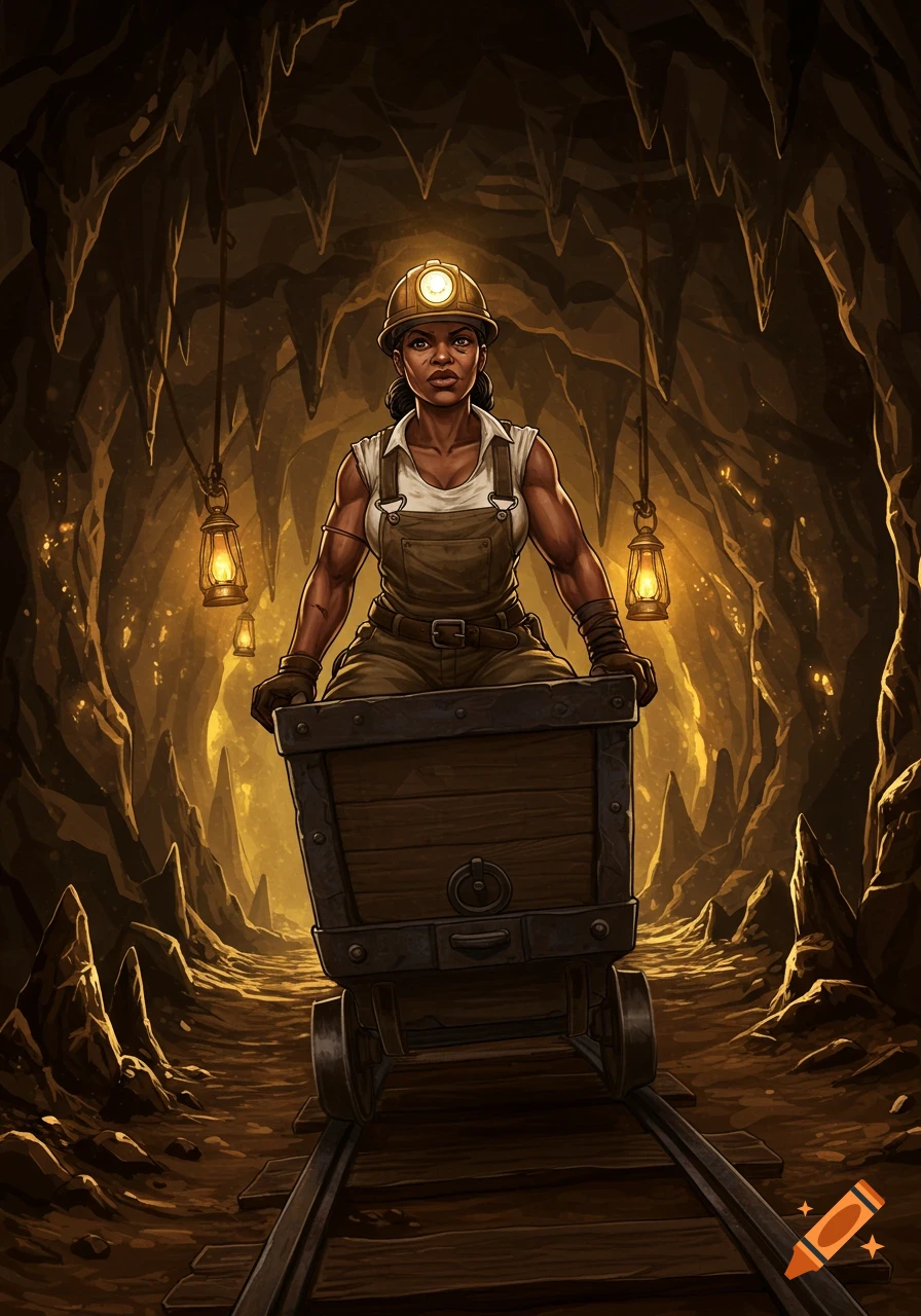 A strong woman in a miner's outfit with a headlamp sits in a wooden minecart on tracks inside a golden, illuminated cave.