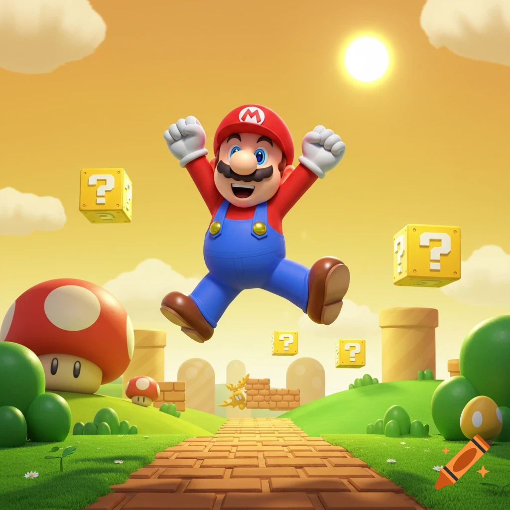 Mario jumps in a vibrant, cartoonish Super Mario Bros. landscape with question mark blocks and green pipes under a sunny sky.