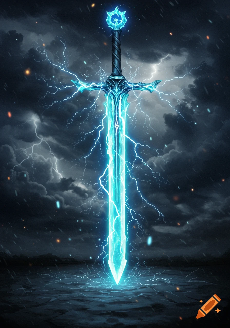A detailed fantasy illustration of a glowing blue sword struck by lightning against a stormy, dark sky.
