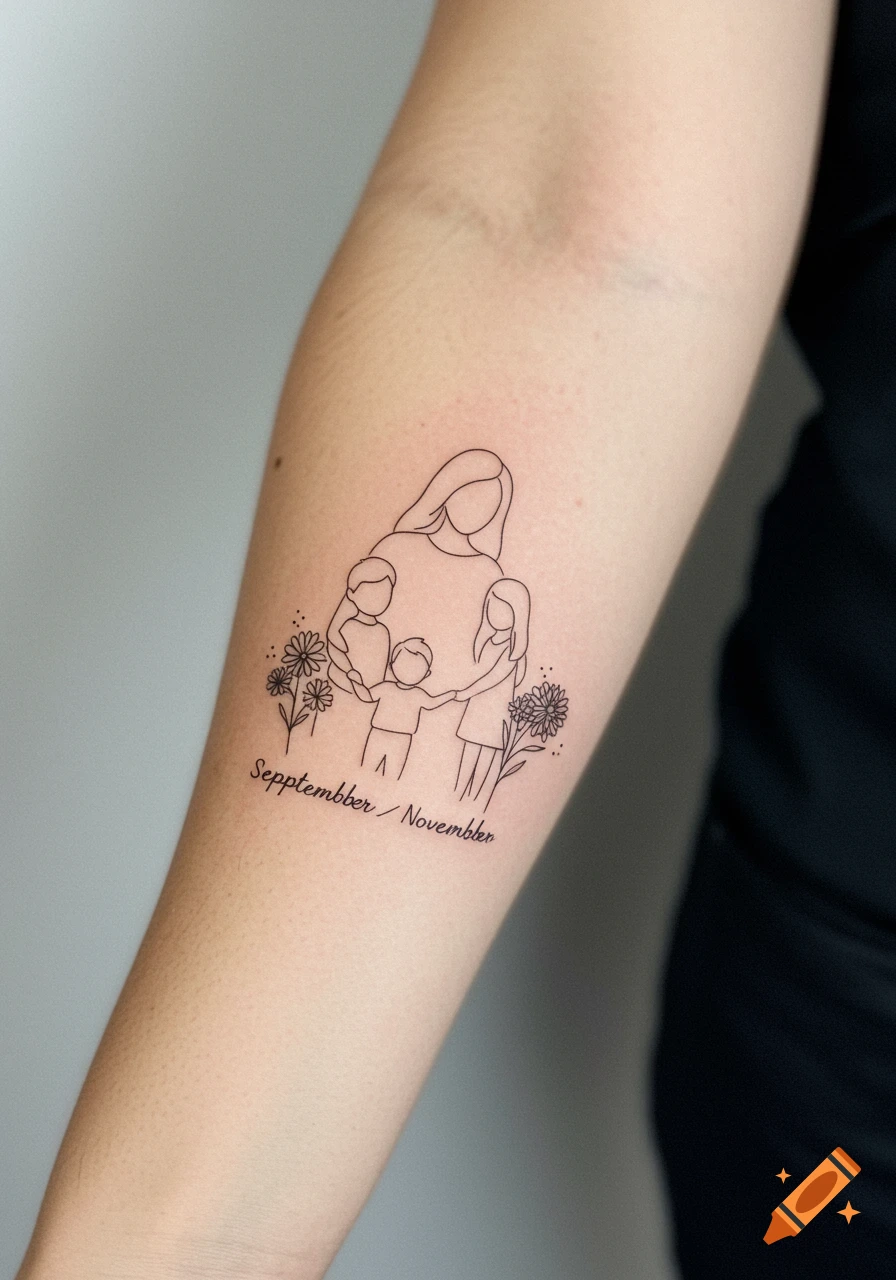 A fine line tattoo on an arm depicting a mother embracing three children, surrounded by delicate flowers, with the text 'Sepptember / Novembber' below.