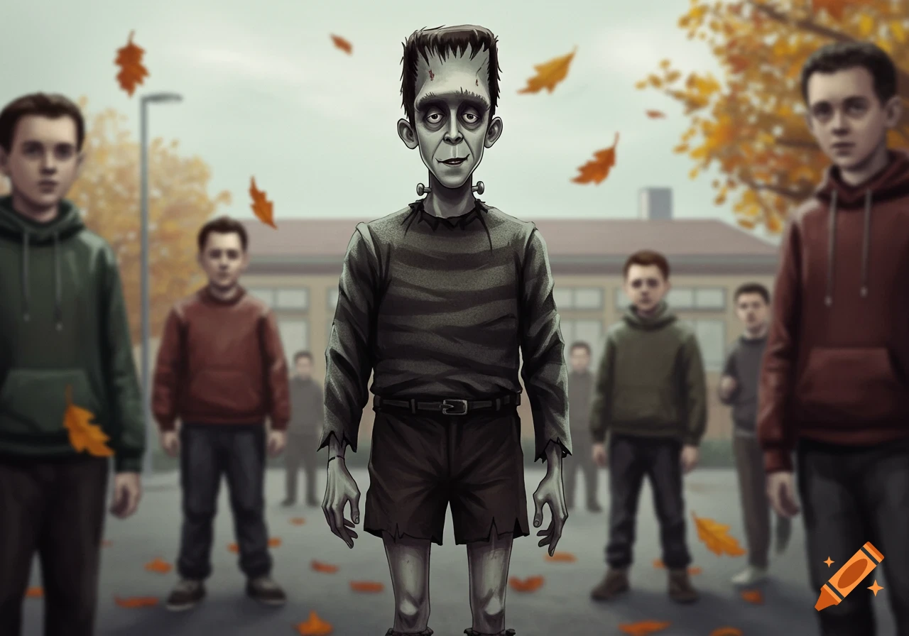 A stylized illustration of a child resembling Frankenstein's monster standing alone outdoors amidst falling autumn leaves, with blurred children in the background.