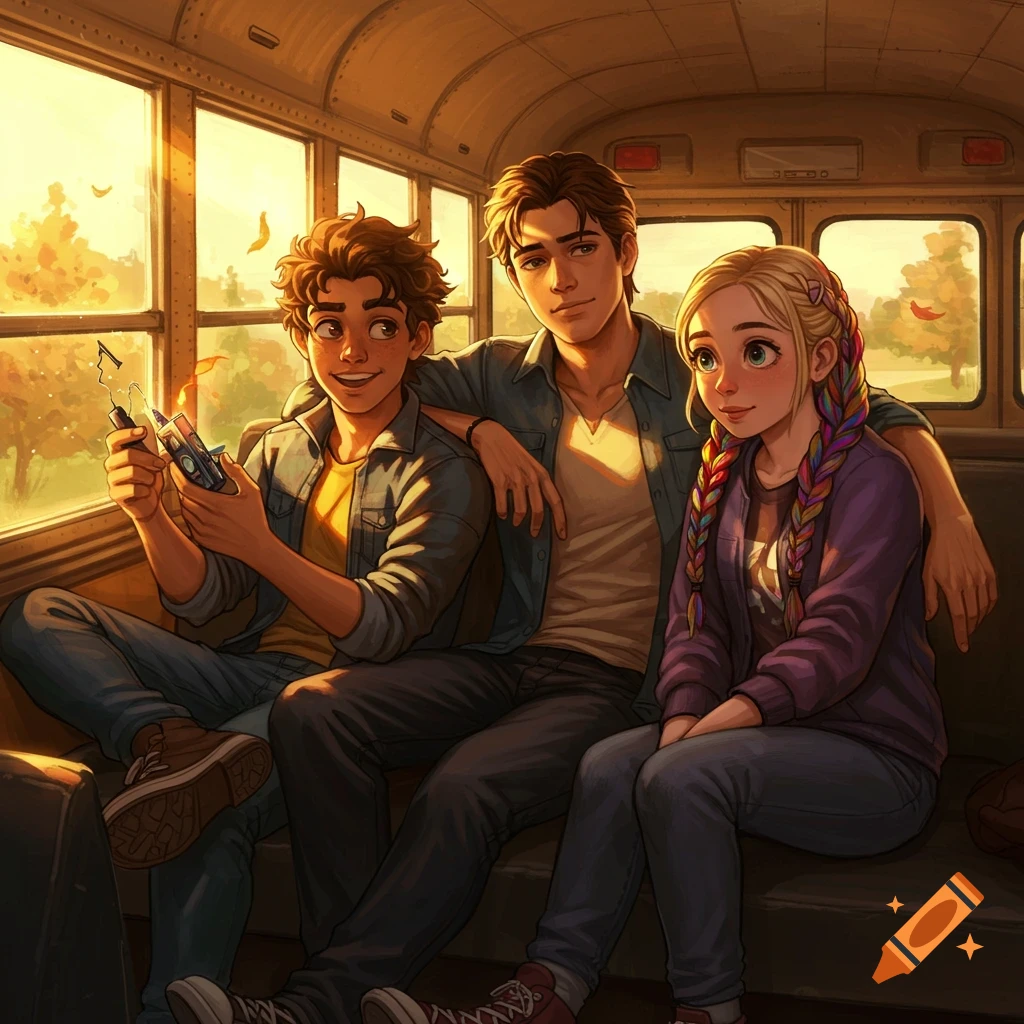 Three cartoon-style teenagers sit on a school bus. A boy on the left holds a sparking device as sunlight streams through the windows.