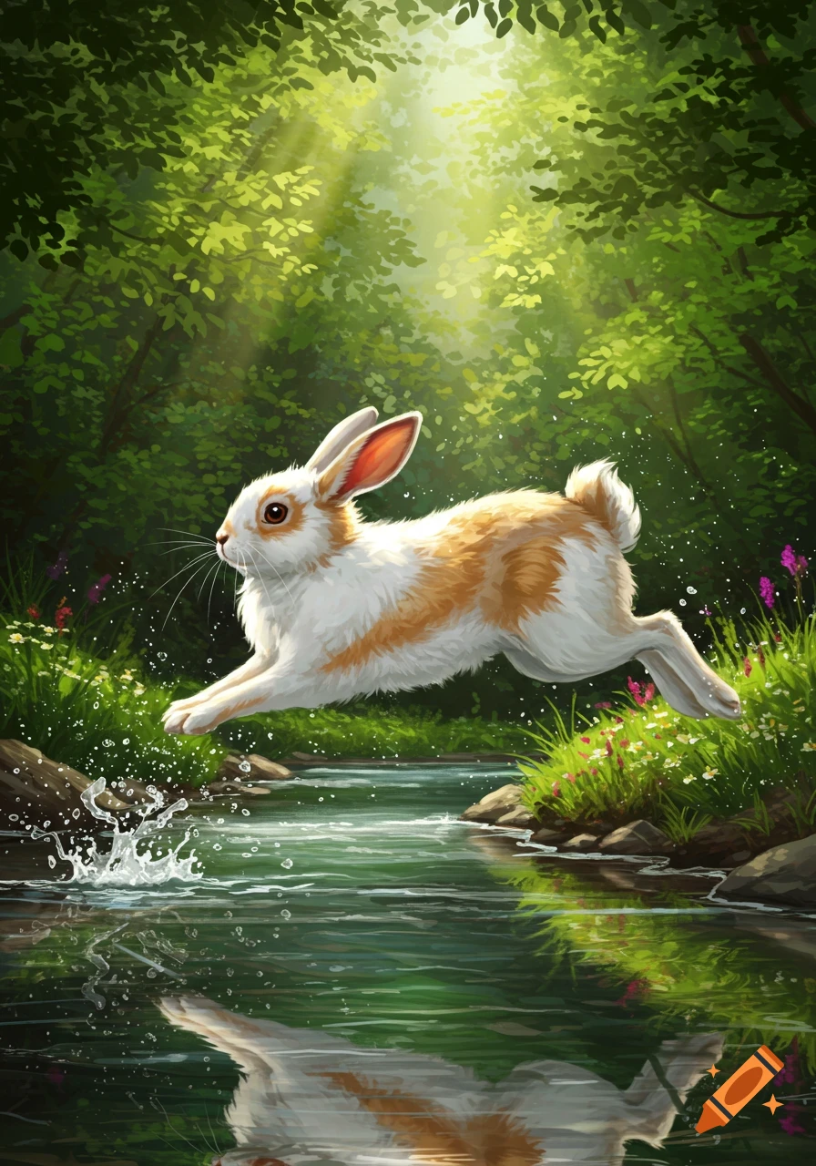 A fluffy white and brown rabbit leaps over a stream in a sunlit forest, creating a splash in the water.