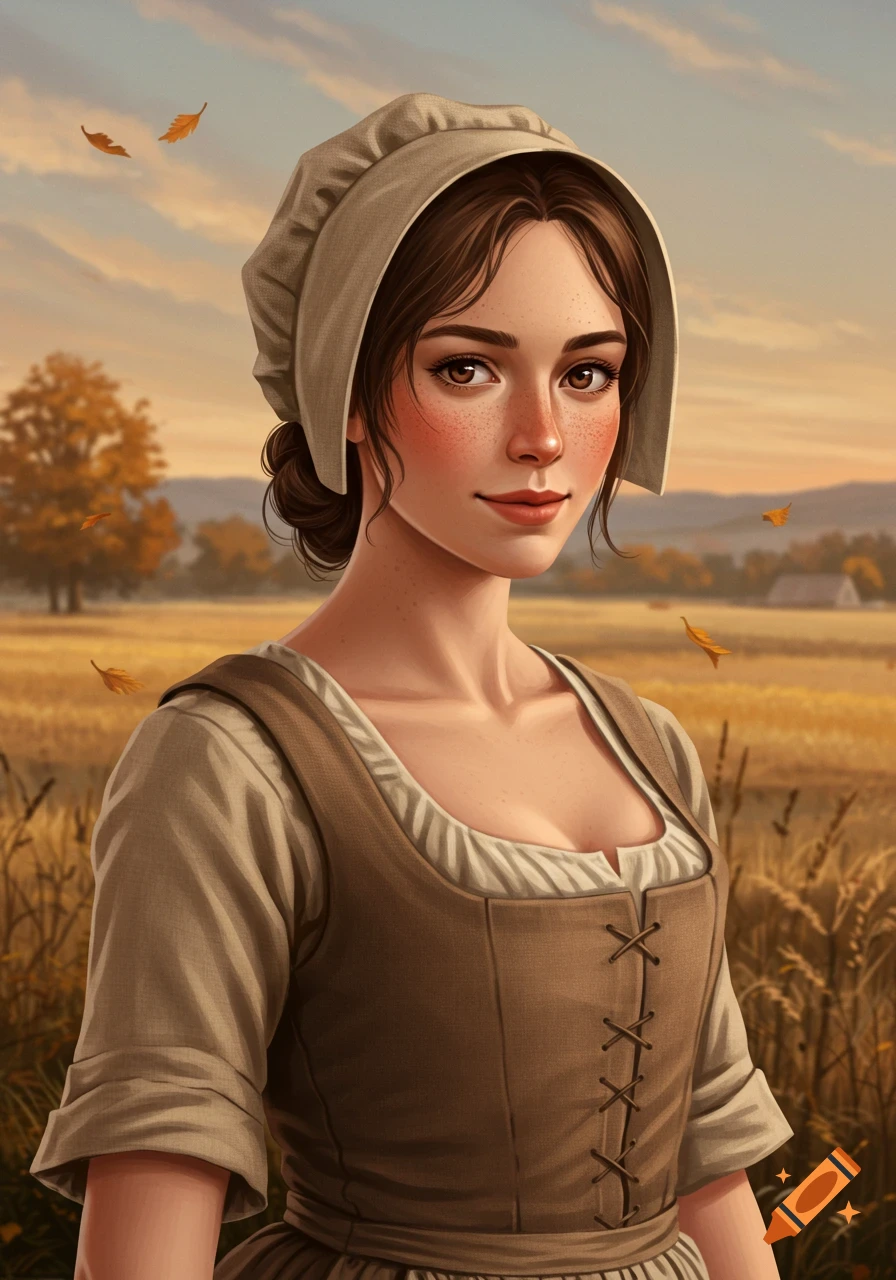 A young woman in 18th-century commoner attire, with brown hair and freckles, stands in a golden field at sunset.