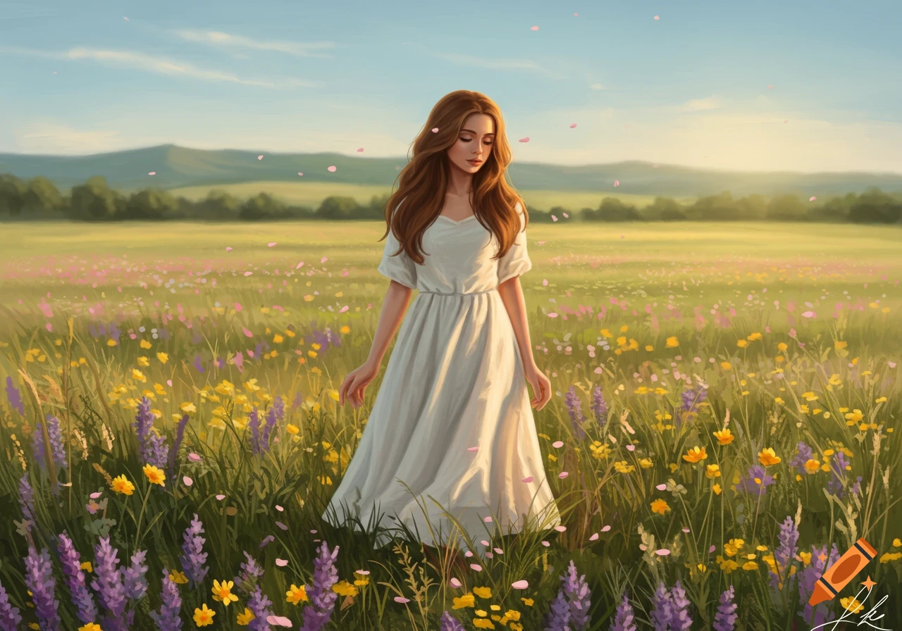 A woman with long brown hair wearing a white dress stands in a field of purple and yellow wildflowers under a blue sky with scattered pink petals, digital art.