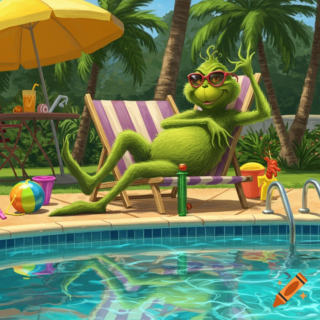 The Grinch relaxing on a striped lounge chair next to a swimming pool under an umbrella, with palm trees.