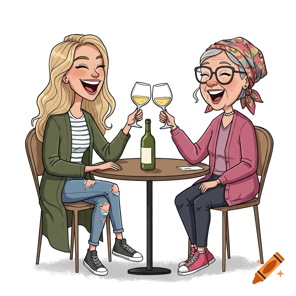 A cheerful cartoon illustration of two women laughing and toasting with white wine glasses at a cafe table.