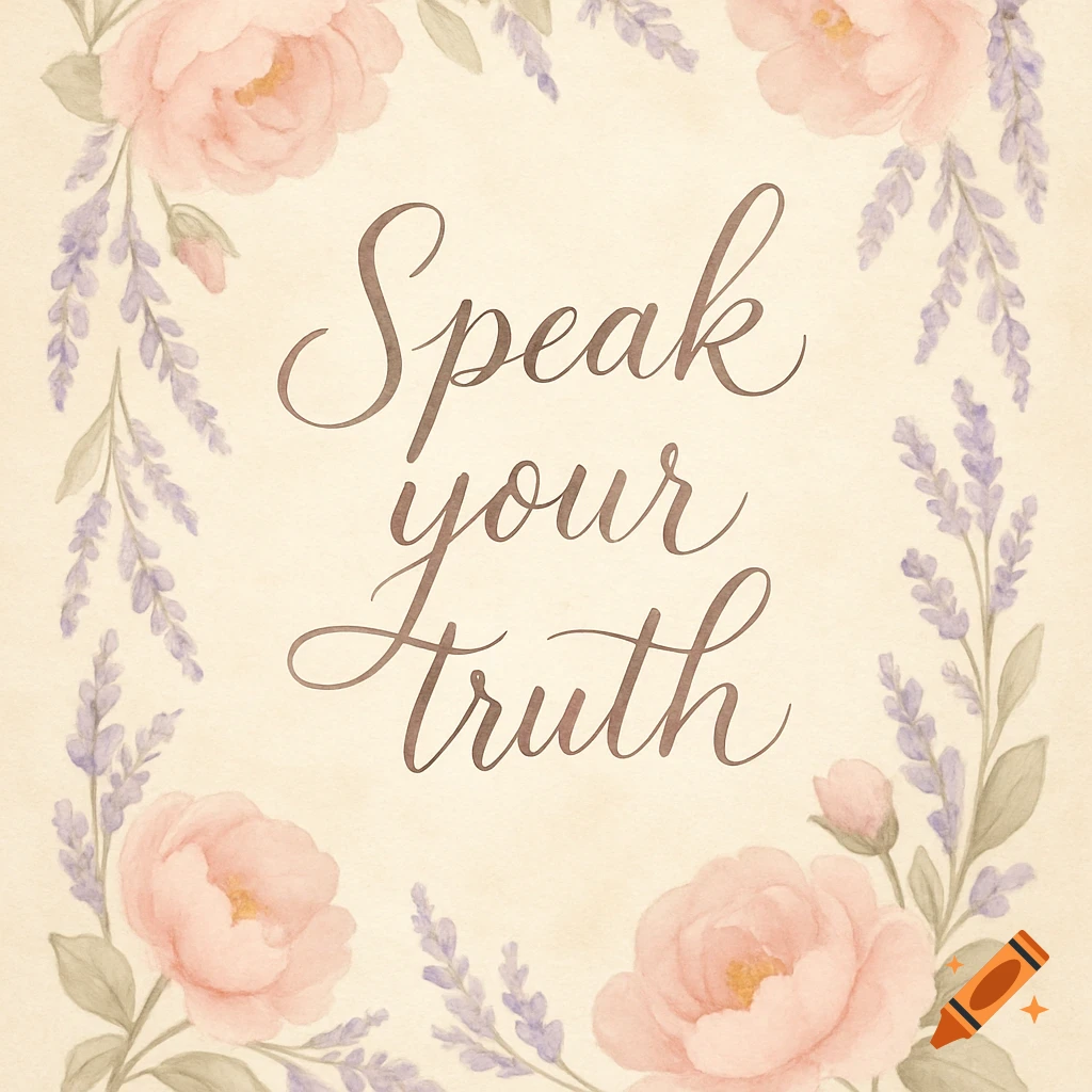 A watercolor illustration of pink peonies and lavender forming a border around the quote "Speak your truth" on a beige background.