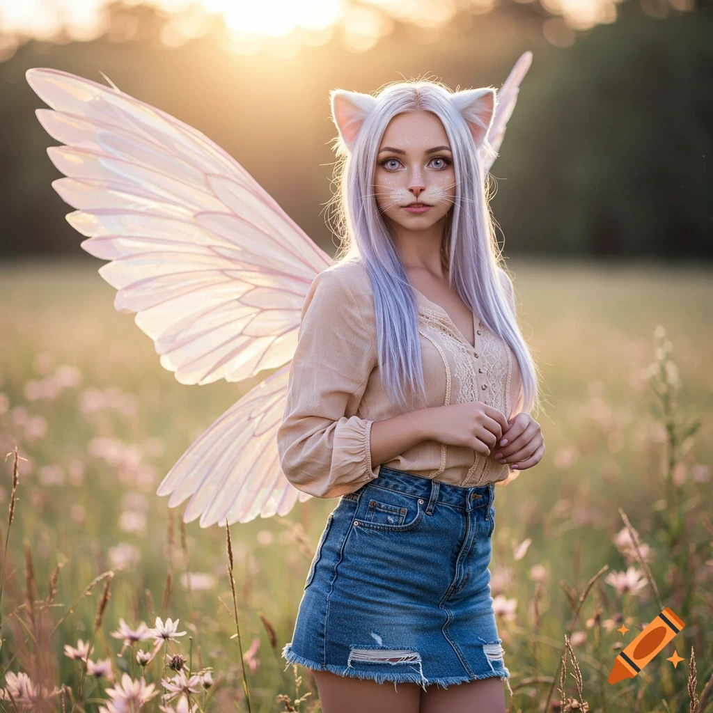 A cat-eared woman with light purple hair and fairy wings stands in a sunlit field.