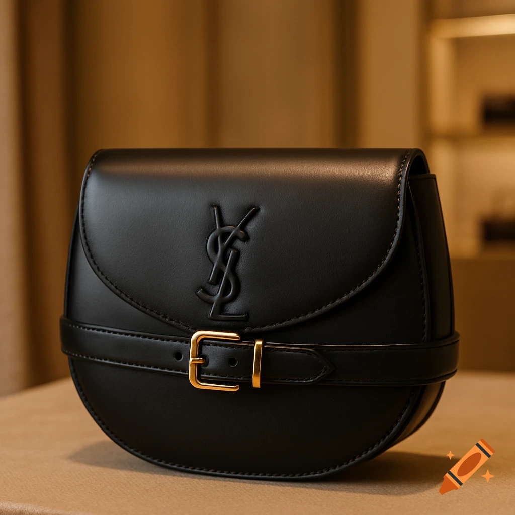 A close-up shot of a black leather side saddle bag with a gold buckle and an embossed YSL logo. The background is a blurred warm brown.