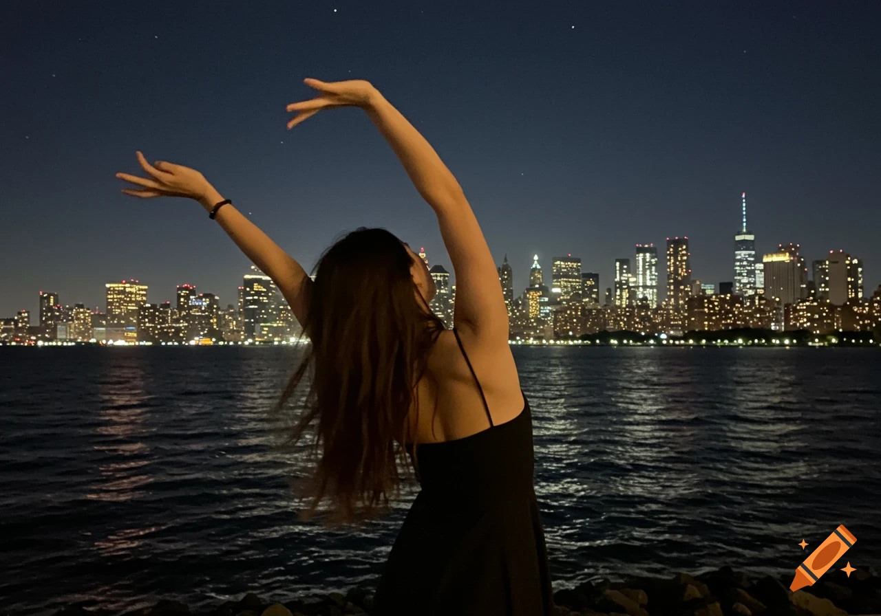 A young woman in a black dress stretches, arms raised, by water with a luminous city skyline at night.